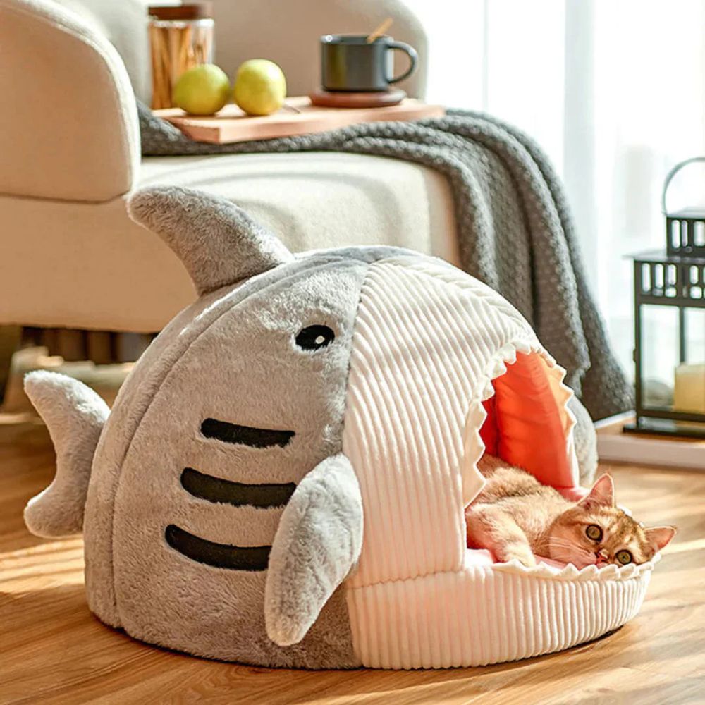 Plush Shark Cave Bed for Cats & Small Dogs